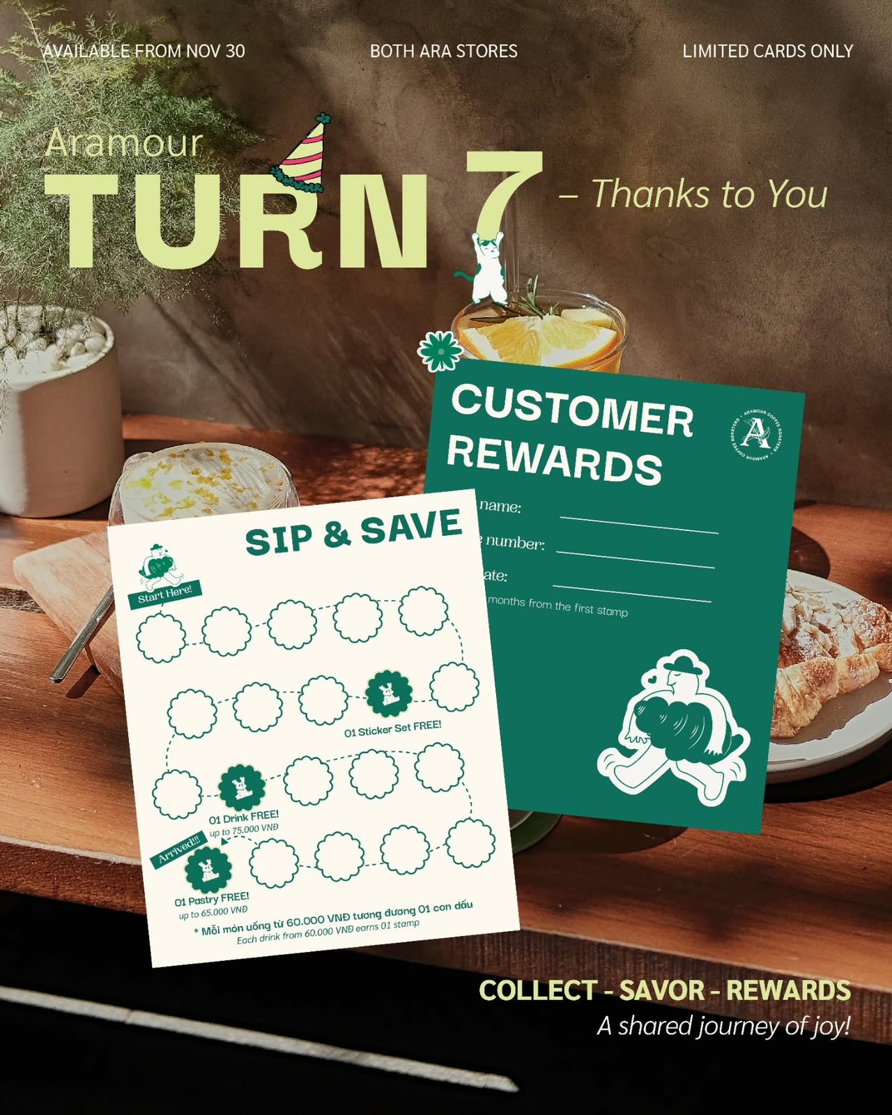 Aramour's real "Sip & Save" loyalty card graphic