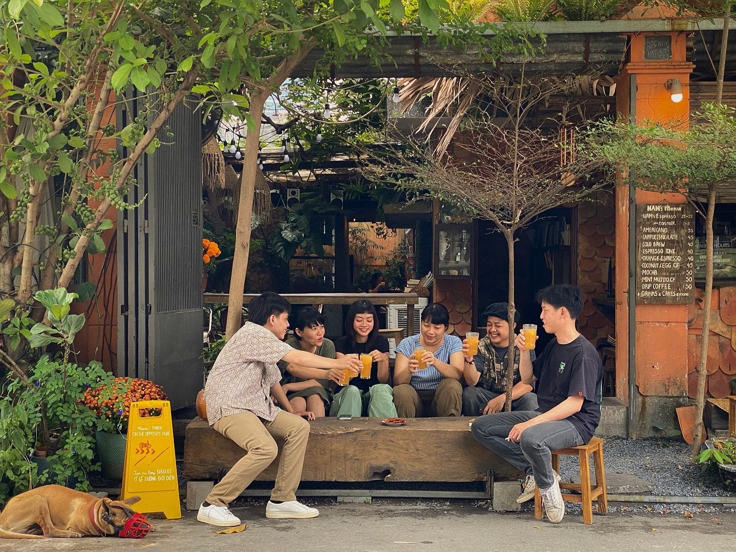 Guests on the patio with the dog
