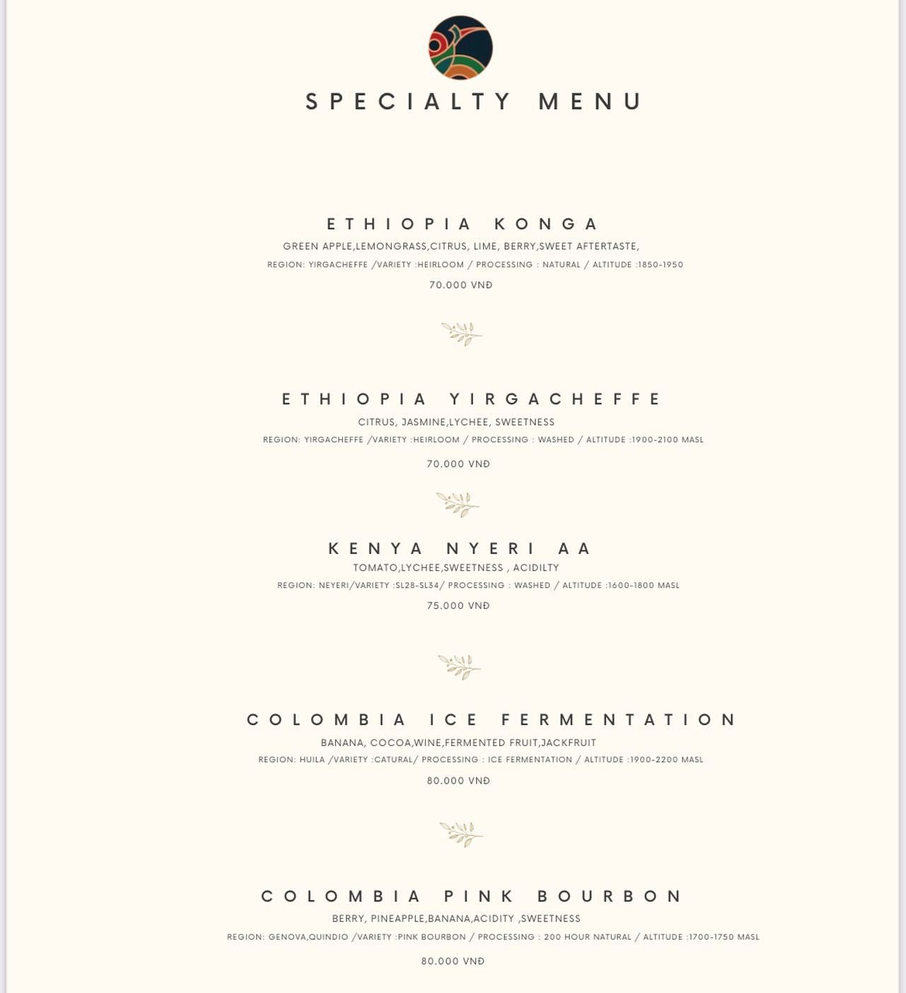 The ivory “Specialty Menu” card, 25 Feb 2023