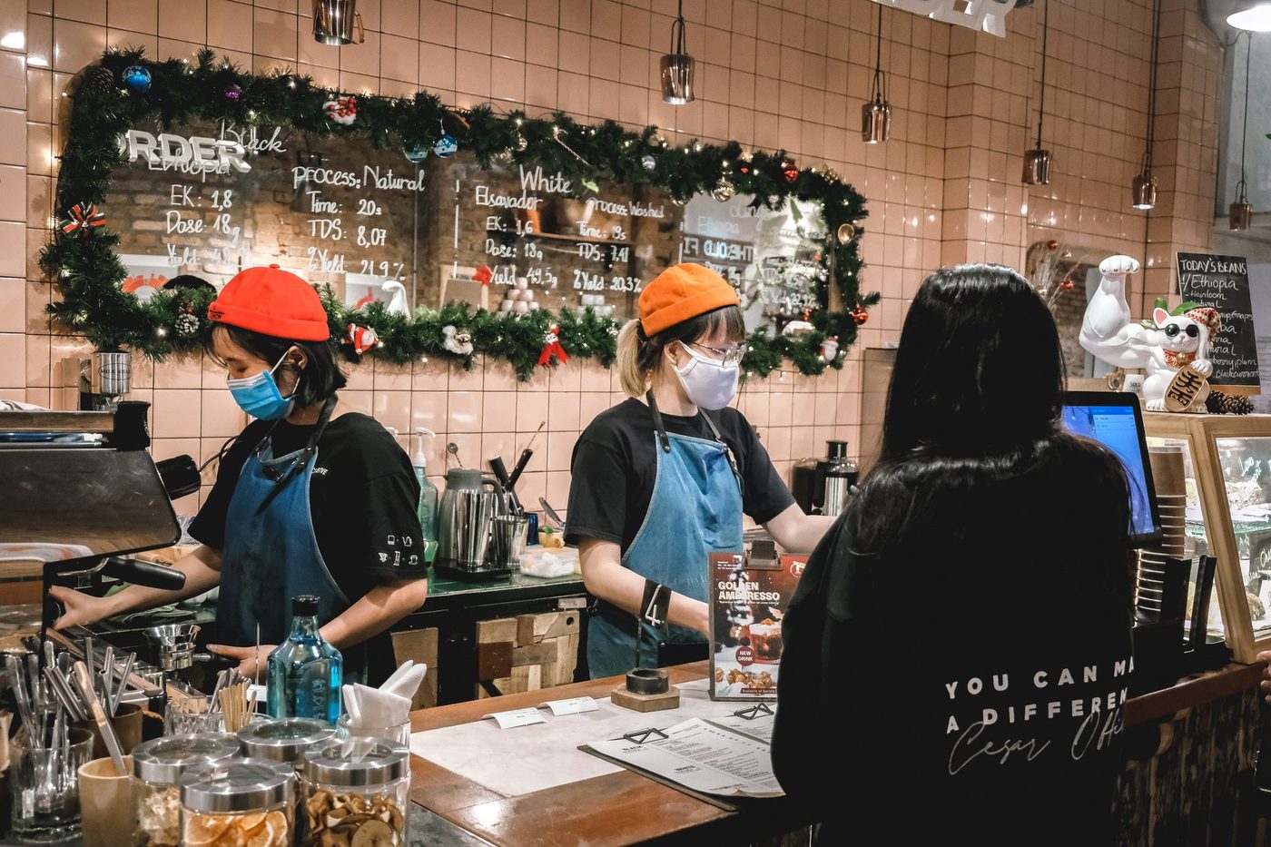 Christmas; festive decor, holiday drinks, branded graphics