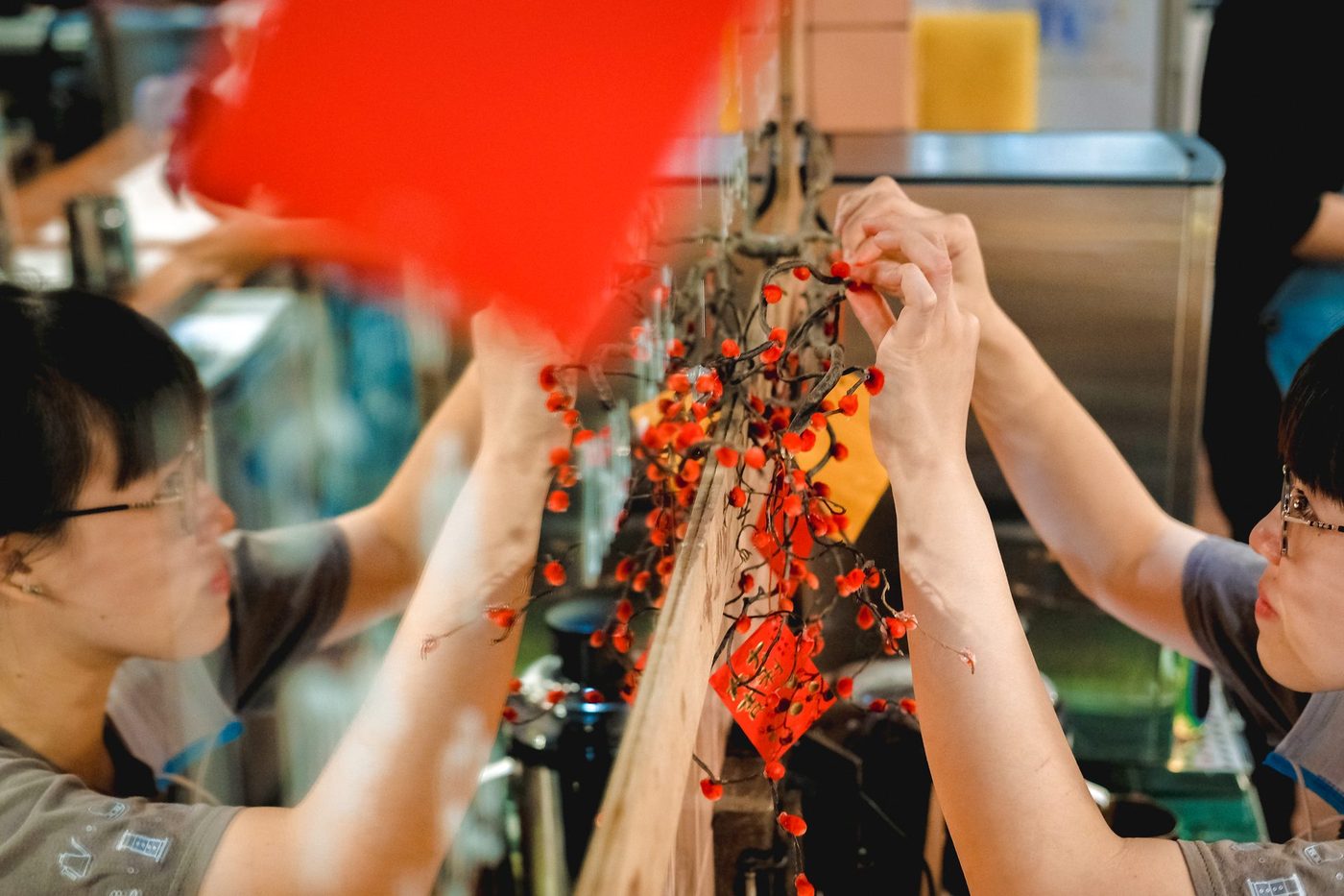 Largest month; Tết street atmosphere, vine facade, serving trays