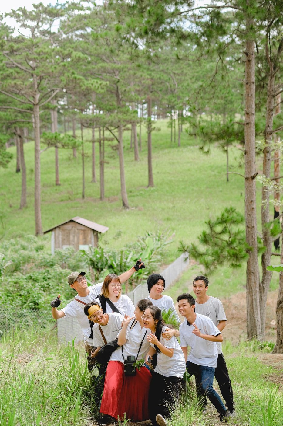 Origin/field trip; pine forest, green beans, campfire, portraits