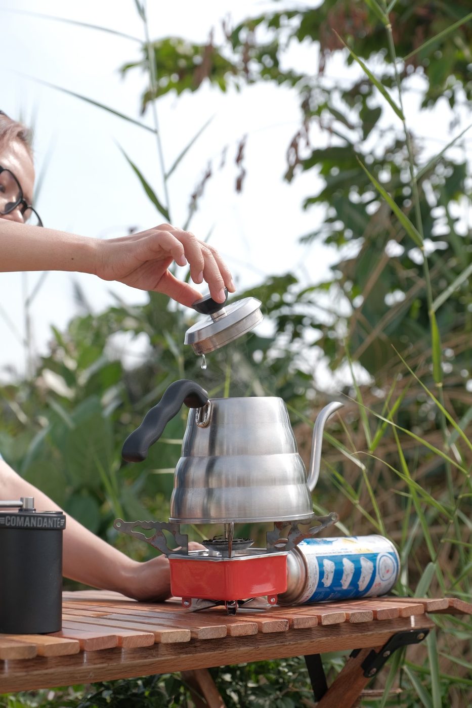 Outdoor/field pour-over editorial; camping stove, Comandante, V60
