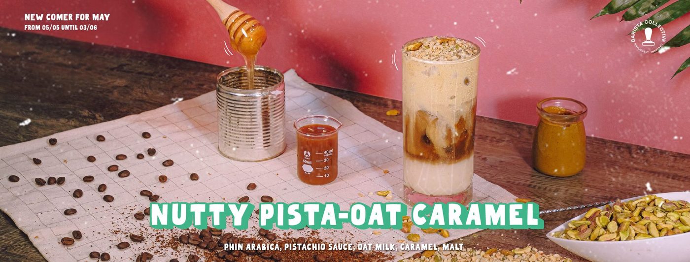 Signature iced drink with nut topping, natural outdoor light