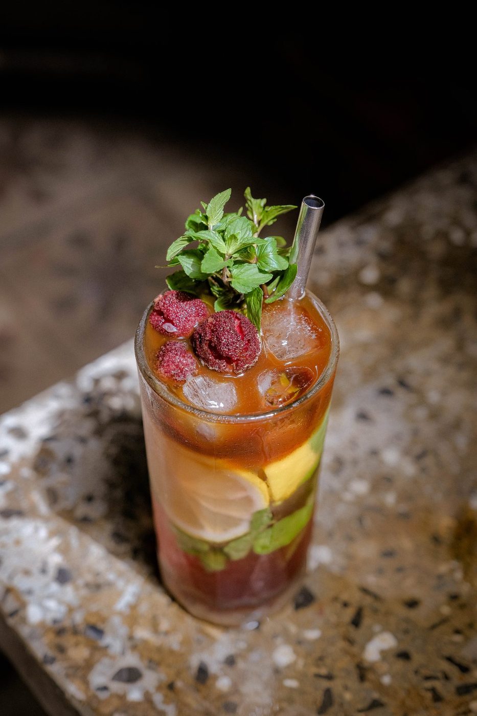 Summer drinks; pink/orange fruity, herb & lemon, evening interior