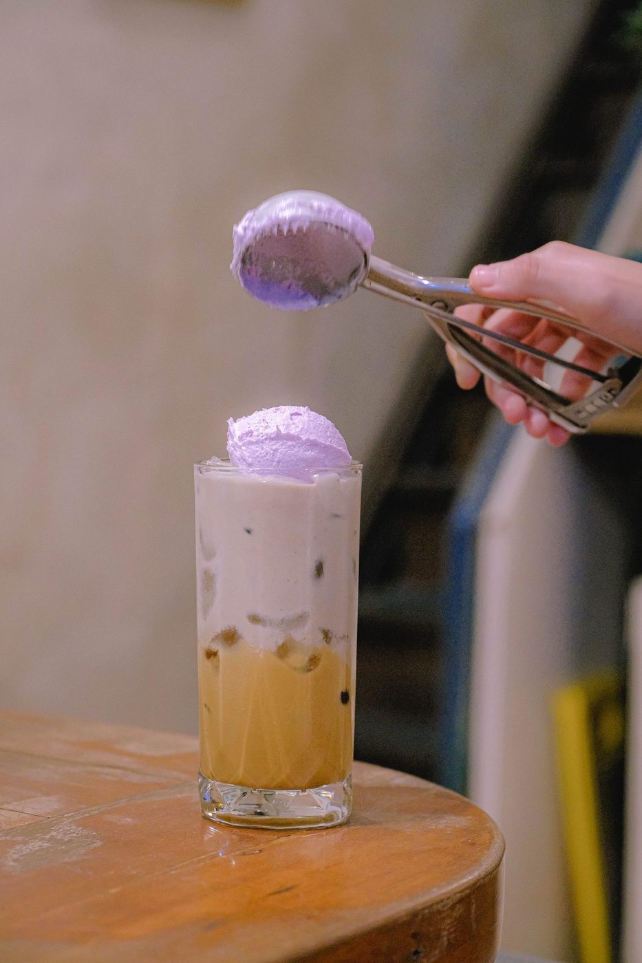 Purple lavender ice cream affogato series; bread rolls, Peru Gesha card