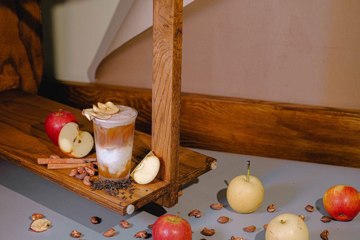 Autumn apple-cinnamon drinks; crème brûlée coffee, crystal glass