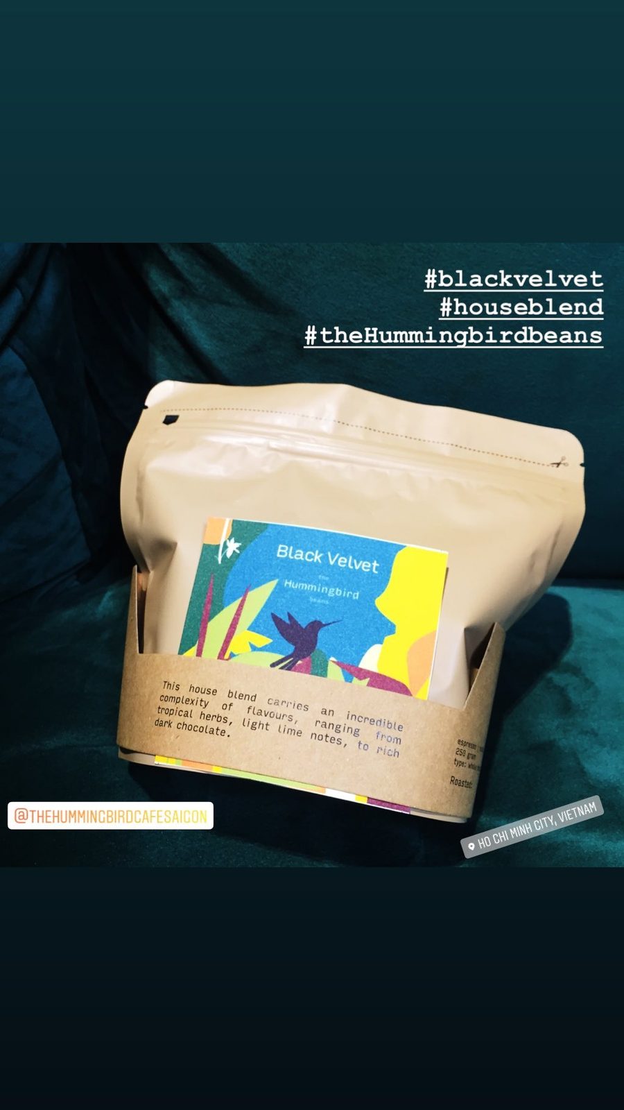 “Black Velvet” house-blend retail bag, with the hummingbird illustration