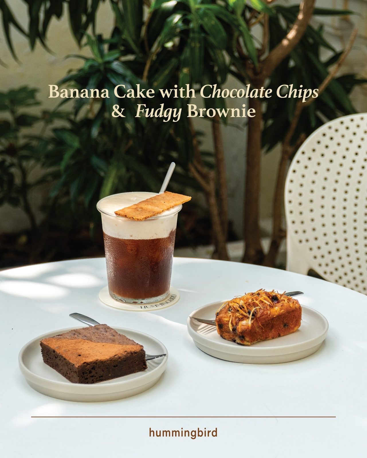 Banana cake with chocolate chips and fudgy brownie