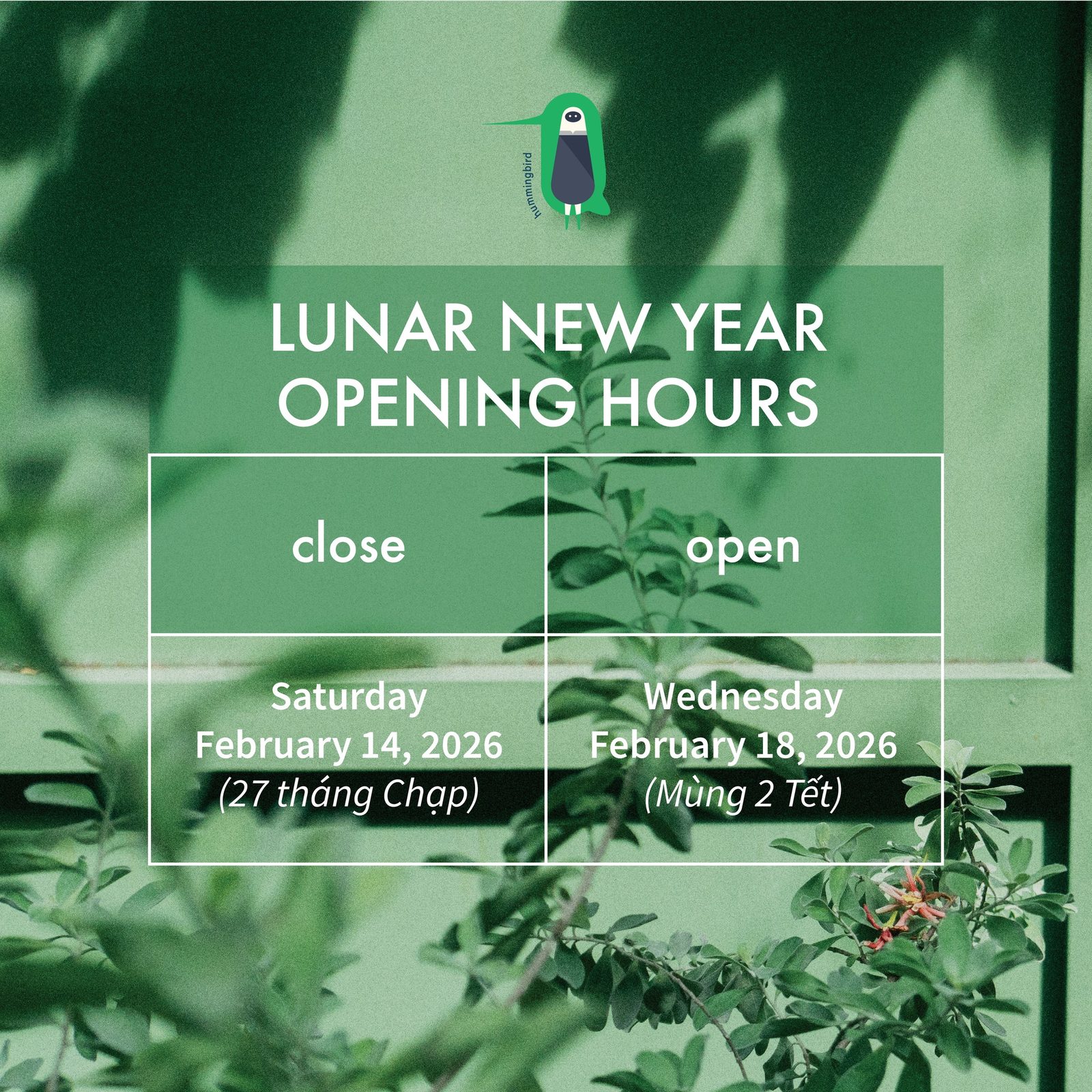 A Lunar New Year opening-hours notice card