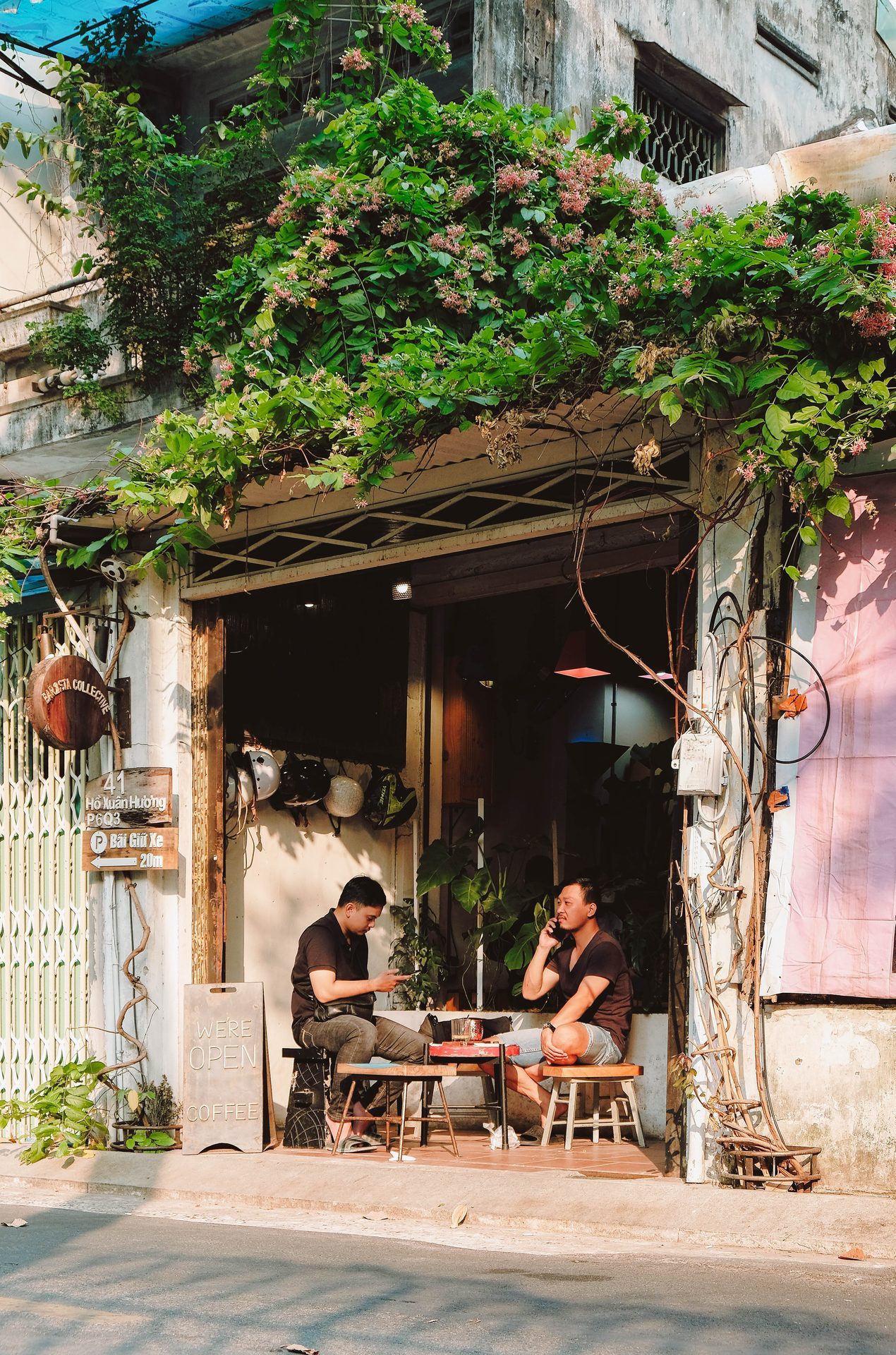 Two regulars, one small table out front.