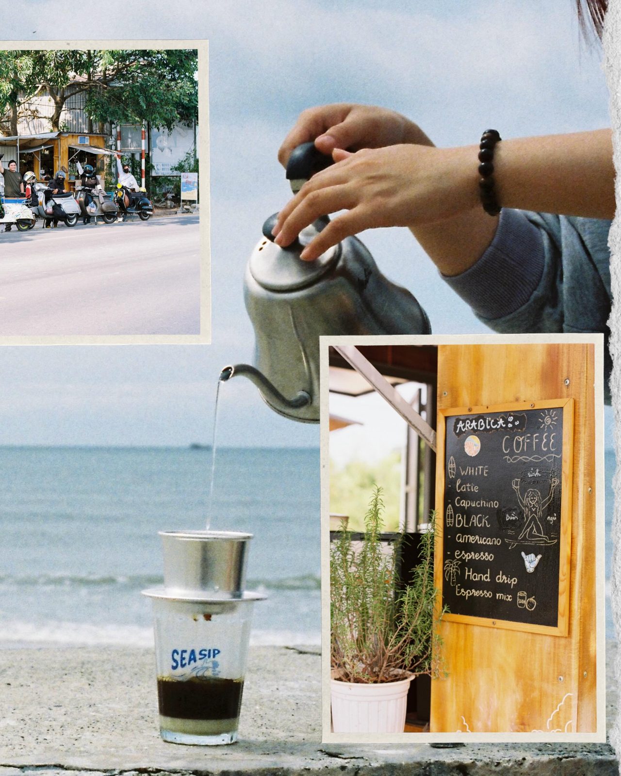Film-photo collage: a beach scene inset over a pour-over pour